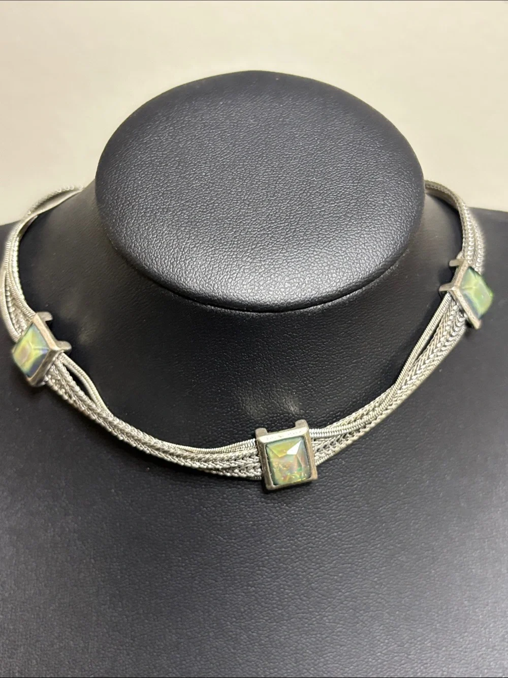 Vintage Silver Tone Multi-Strand Choker with Opal-Like Square Stones